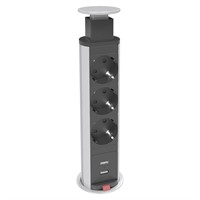 Axessline PopUp - 3 socket type F, 2 USB-A charger, silver